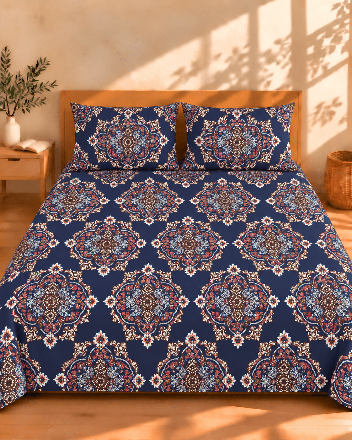 Navy Ornamental Medallion Cotton Bedsheet
