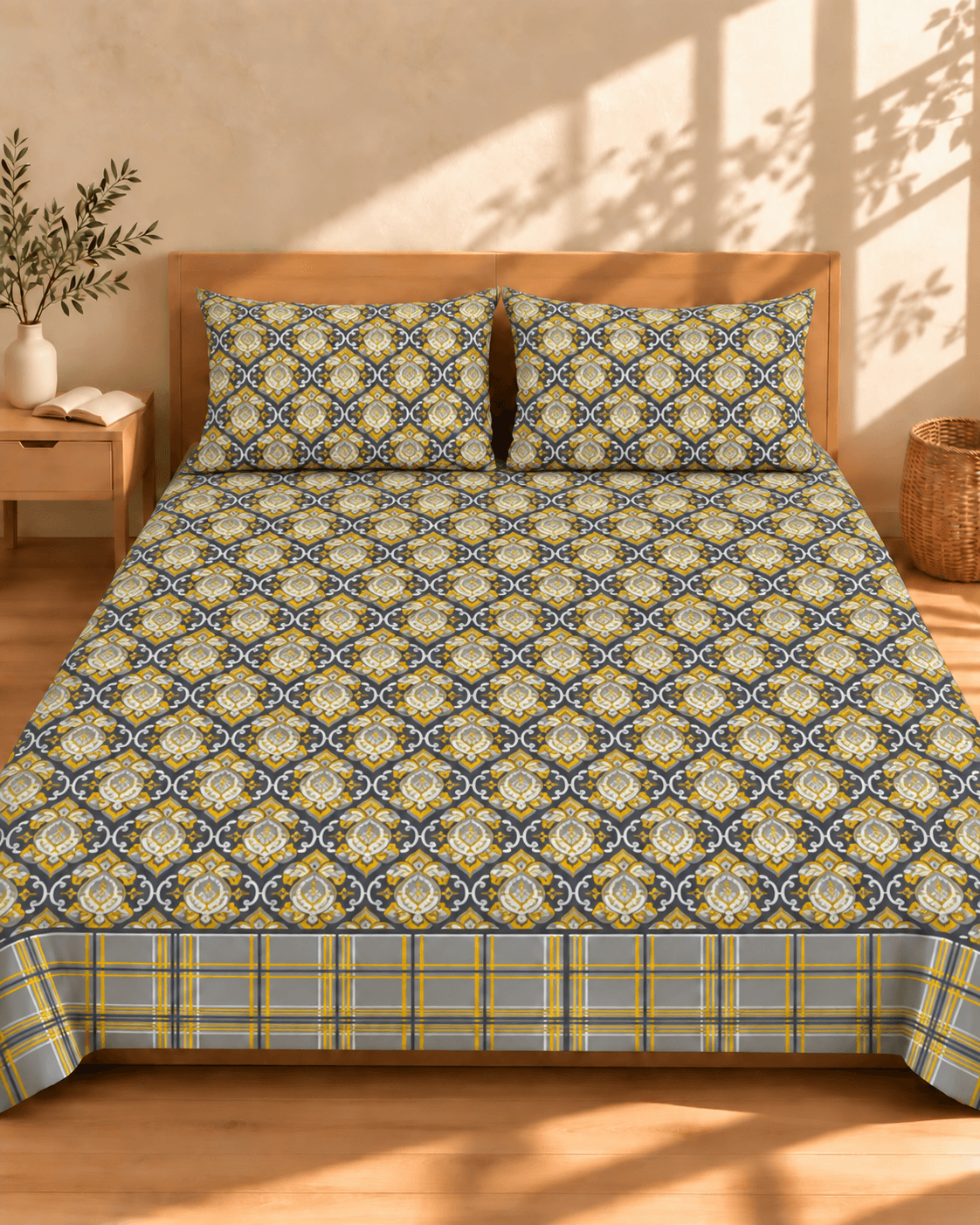 Charcoal Yellow Medallion Cotton Bedsheet